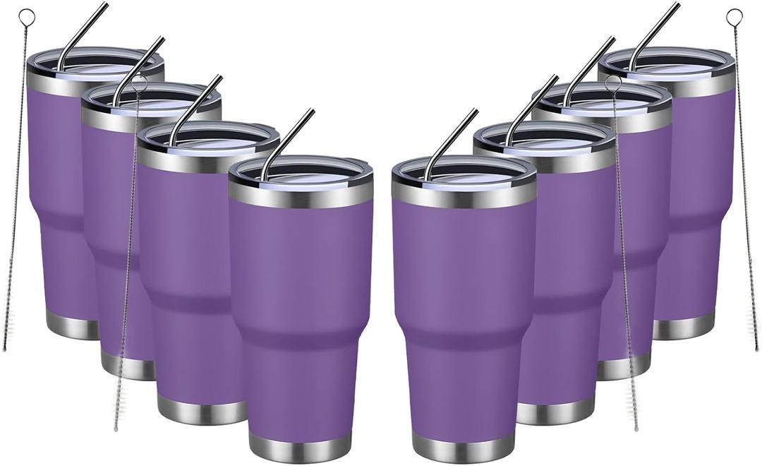 MEWAY 30oz Insulated Tumbler With Lids and Straws,Stainless Steel Double Vacuum Coffee Tumbler Cup, Brush, Durable Powder Coated Coffee Cup for Cold & Hot Drinks, Office, Travel(Purple,8 PACK)
