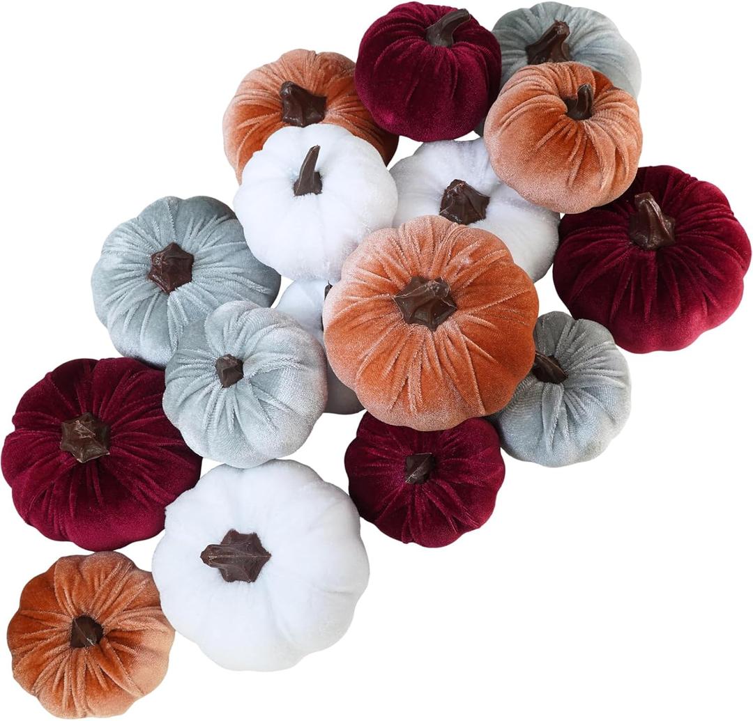 Winlyn 16 Pcs Assorted Fall Artificial Velvet Pumpkins Small Decorative Fabric Rustic Foam Pumpkins in Burgundy Bronze Gray White for Autumn Wedding Halloween Thanksgiving Table Centerpiece