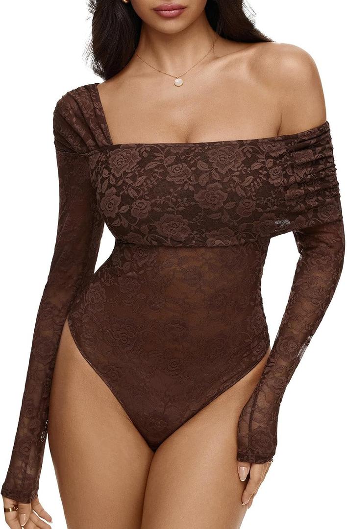 REORIA Sexy Lace Bodysuit One Shoulder Bodysuit Long Sleeve Bodysuits for Women Going Out Y2K Clothes 2025, M