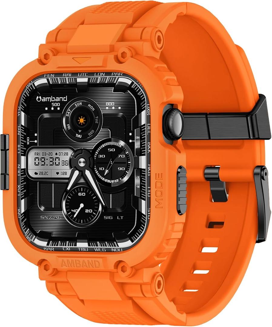 AmBand Bands Case Compatible with Apple Watch Series 11/10 46mm for Men, M1 Sport Rugged Heavy Duty Cover Tactical Strap Military Grade Protective Bumper Protector for iWatch 46 mm Men, Orange