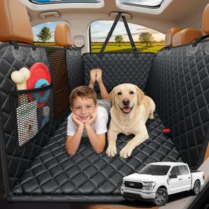 URPOWER XL Dog Backseat Extender for Full-Size Crew Cab Truck, Hard Bottom Dog Car Seat Cover for Back Seat Holds 400lbs, Waterproof Dog Hammock Pet Rear Seat Protector Travel Bed for F150 / Silverado (All Black)