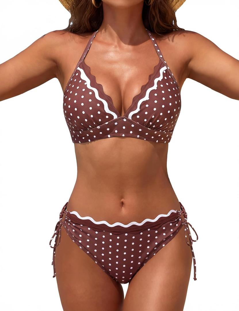 Blooming Jelly Women's Bikini Sets Polka Dot Two Piece Swimsuit Cheeky Scalloped Trim String Mid Rise Bathing Suit (Brown, M)