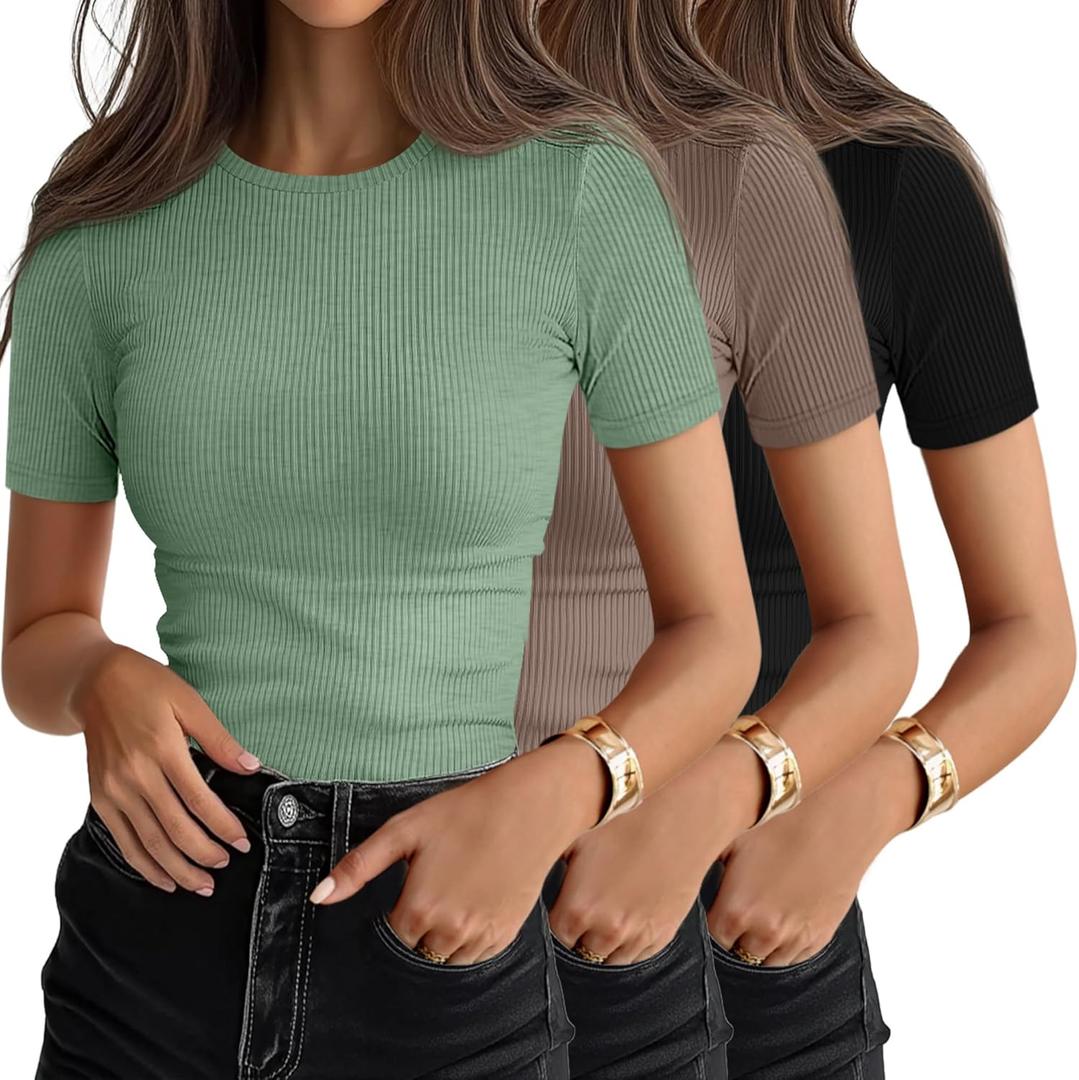 Ficerd 3 Pack Women's Ribbed T-Shirts, Cotton Short Sleeve Basic Tees Crewneck Fitted Tops Casual Shirts 2025 Summer Trendy (Medium, Black, Mocha, Matcha Green)