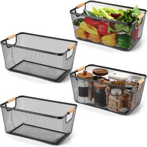 Ziliny 4 Pcs Metal Wire Basket with Wooden Handles Mesh Steel Storage Organizer Bin Containers for Home Cabinet Pantry Closet Kitchen Fridge Fruit Makeup Snacks Gifts (Extra Large, Black)