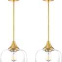2 Pack 1 Light Hanging Indoor Kitchen Island Pendant Ceiling Light 8.2" Drum Clear Glass Shade Fixture,Gold Finish Modern Farmhouse Dinning Over Sink Adjustable Rod