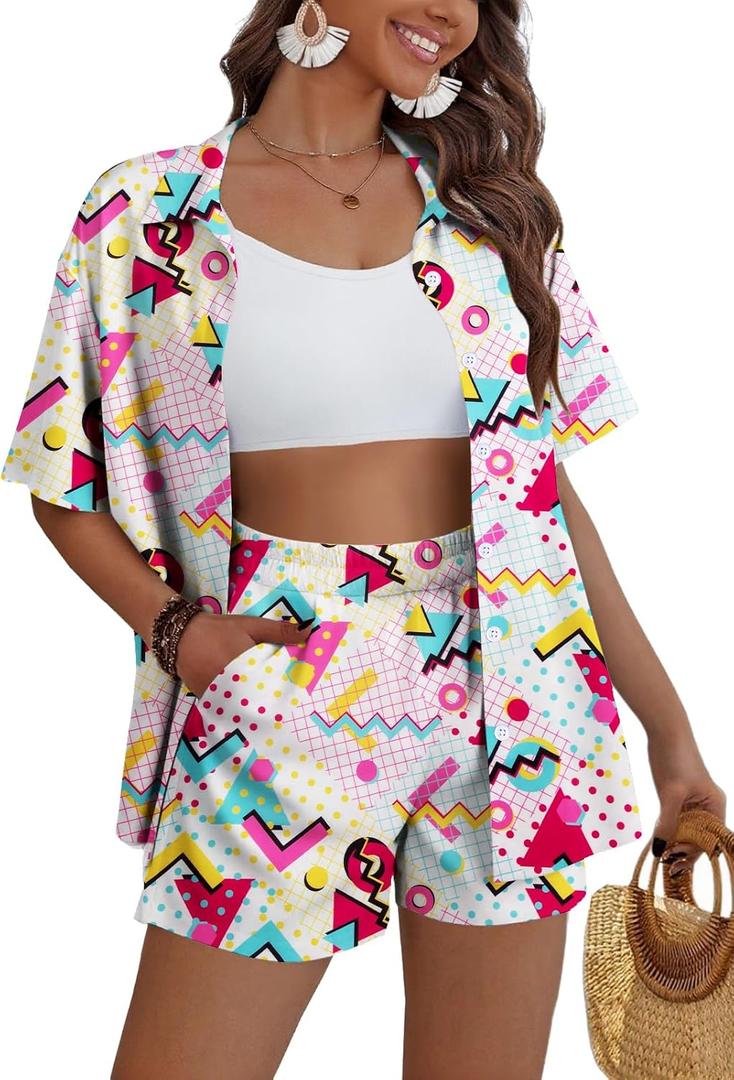 VILOVE 80s 90s 2 Piece Outfit for Women Color Block Theme Party Disco Matching Sets Retro Neon Summer Short Set (L)