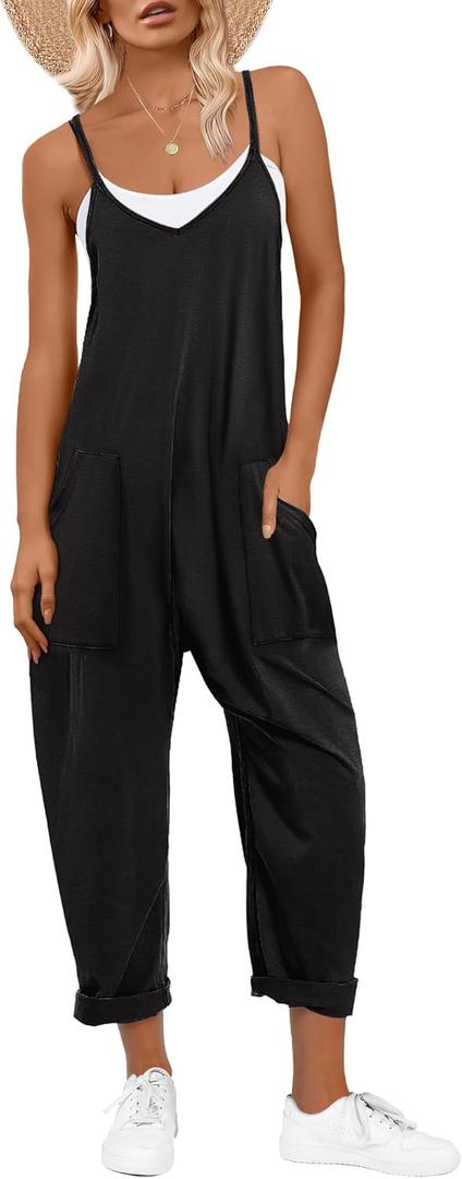 ANRABESS Jumpsuits for Women Casual Summer Overalls Sleeveless Spaghetti Strap Romper Jumpers Trendy Beach Vacation Outfits (Black, S)