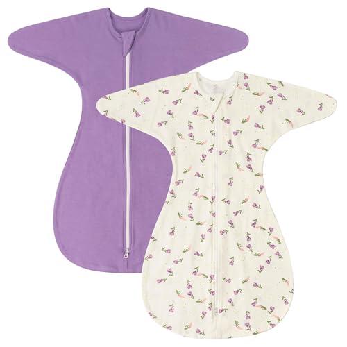 ZIGJOY Shark-Fin Transition Swaddle - 1.0 Tog Baby Sleep Sack Soft Cotton Transitional Swaddle Baby Wearable Blanket with 2-Way Zipper for All Seasons, Purple&Flower, 6-12 Months