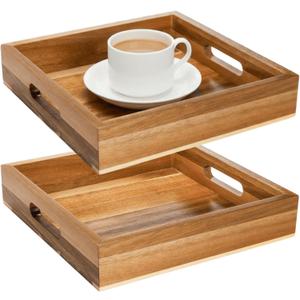 YOUEON Set of 2 Acacia Wood Serving Tray with Handles, 10x10x2 Inch Decorative Serving Trays for Food, Ottoman Tray, Square Coffee Table Trays for Dinner, Coffee, Appetizer