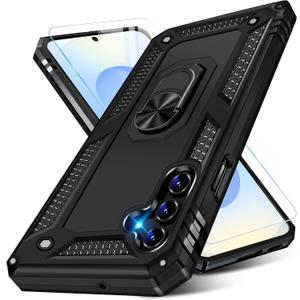 Heavy Duty Case for Samsung Galaxy S25 Phone Case with Screen Protector, Military Grade Shockproof Rugged Protective Cover for Samsung S25, with Metal Ring Magnetic Kickstand (Black)
