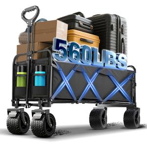 350L Large Capacity Foldable Wagon with Brakes, 560lbs Heavy Duty Collapsible Wagon Cart with Push Handle All-Terrain Big Wheels for Camping, Sports, Shopping, Beach