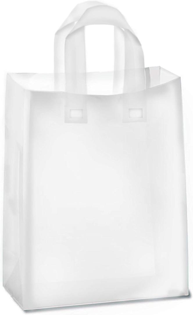 Purple Q Crafts Frosted Plastic Gift Bags 100 Pack 8" x 10" x 4" Clear Frosted Bags with Soft Loop Handles and Cardboard Insert, for Gifts Retail and More
