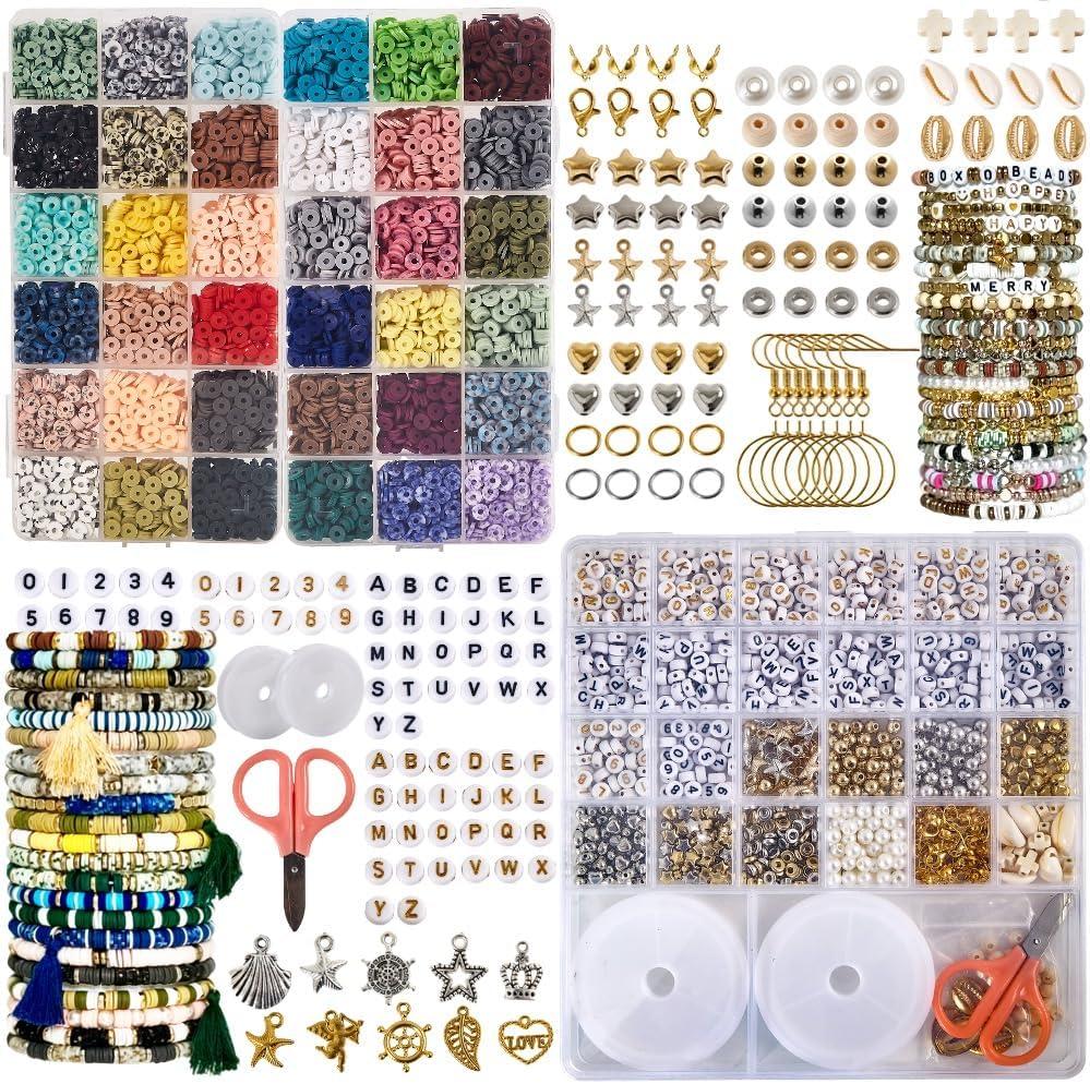 Box-O-Beads Clay Beads Bracelet Making Kit  8,550 PCS Polymer Clay Heishi Beads with 36 Earth Tone Colors, Charms, Pendants, Spacers, Elastic String & Scissors, DIY Jewelry Kit for Girls & Adults