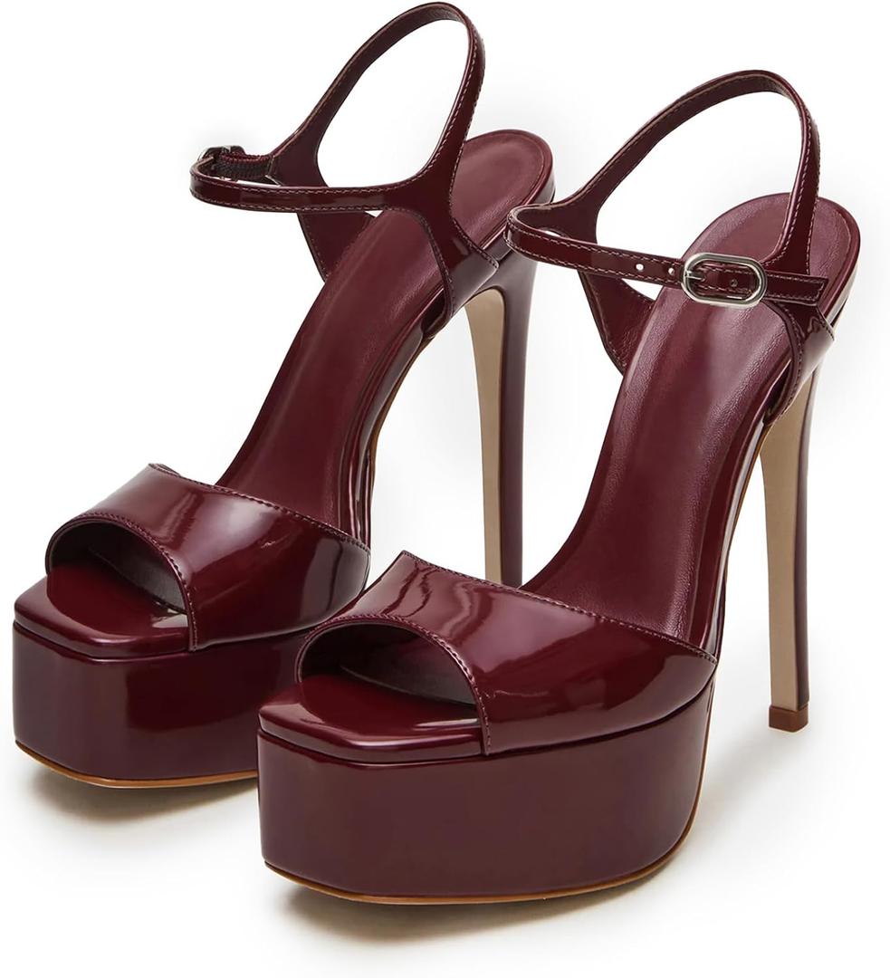 UBWDU Stiletto High Platform Heels for Women Square Open Toe Ankle Strap Heeled Sandals Prom Dress Shoes, 8