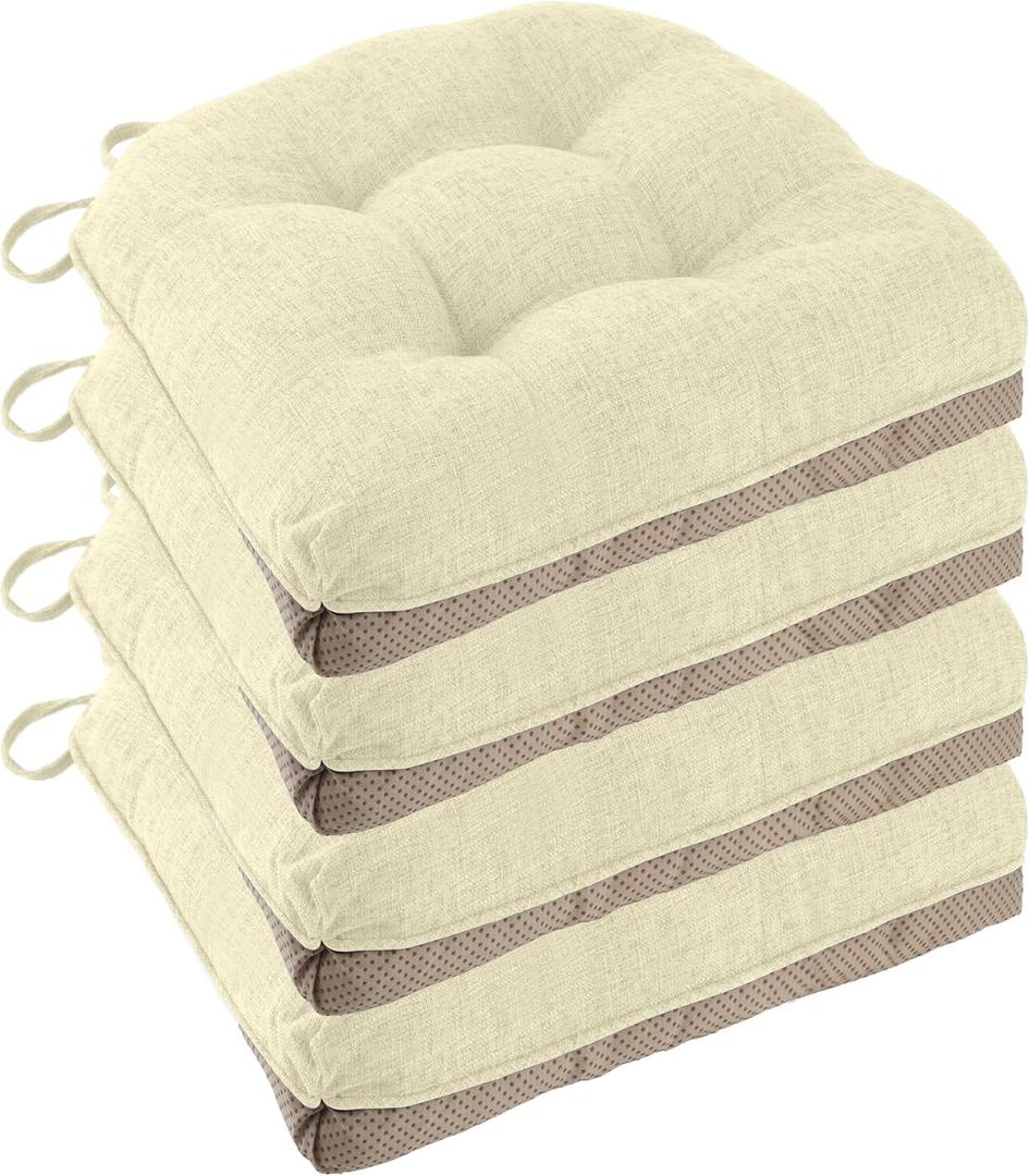Non Slip Chair Cushions for Dining Chairs Set of 4 Kitchen Chair Cushions 18"x18"x3" Turfted Chair Pads Comfortable and Soft Seat Cushion with Ties, Beige
