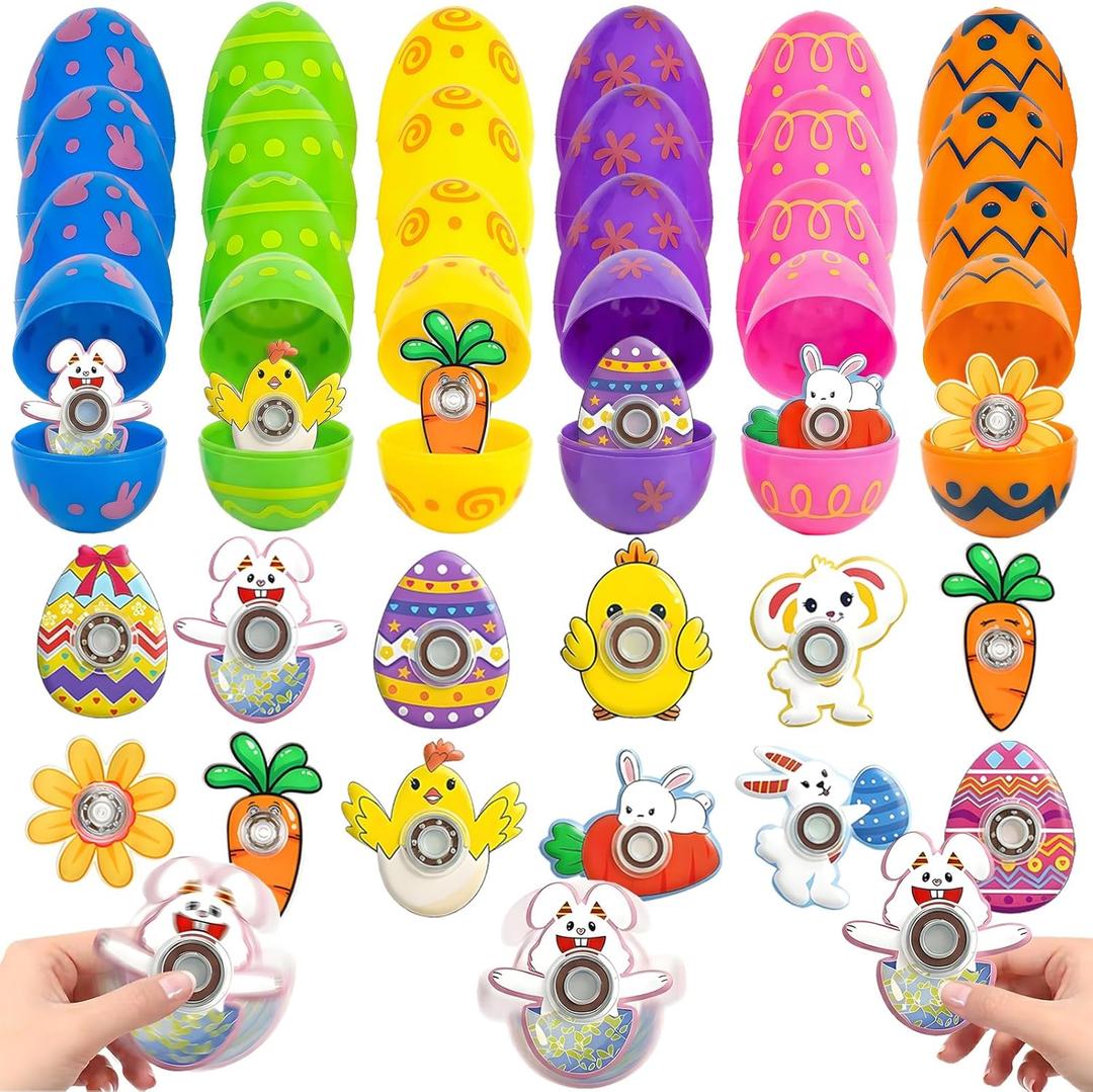 Yquqwn 24 Pcs Easter Fidget Spinners Pre-filled Easter Eggs Set Novelty Spinning Tops for Egg Hunt Stuffers and Basket Fillers Party Favors for Holiday Classroom Prizes