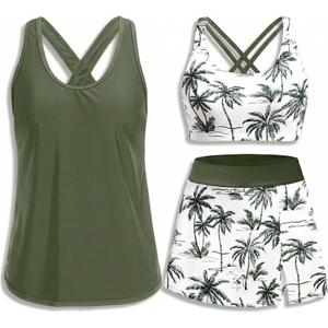 Daci Womens 3 Piece Tankini Swimsuits with Skirt - Tummy Control Bathing Suit Swim Tank Top Sport Bra 2026 Athletic Swimwear (Large, Green Palm Tree)