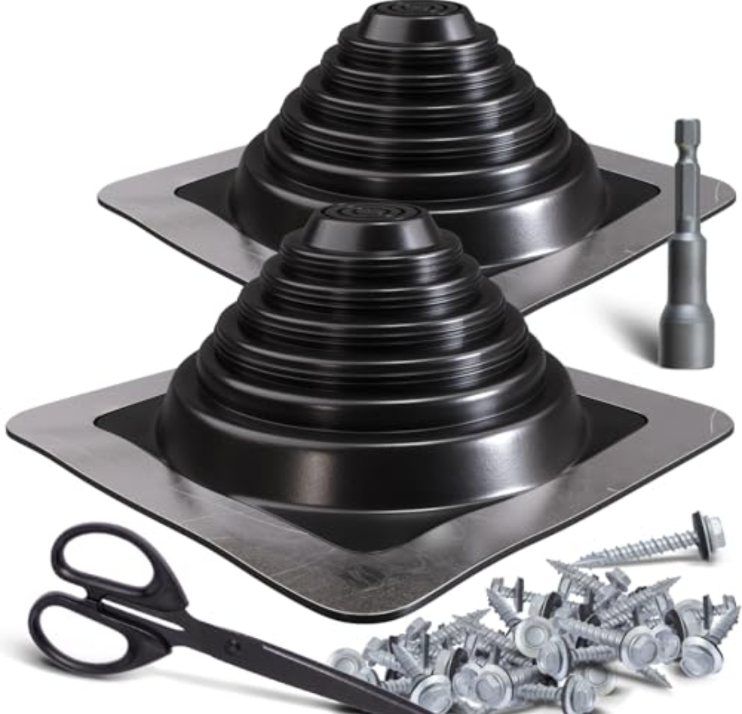 VIVIDA #3 Metal Roof Pipe Flashing Boot Kit, Flexible Roof Jack High Temp Silicone Vent Boot for Pipe OD 1/4" to 5", Square Base, Screws & Hex Socket & Scissors Included, Black, 2 Pack Set of 2