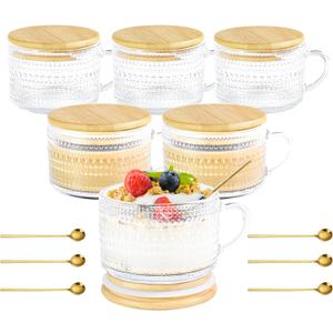 14oz Vintage Coffee Mugs Glass of 6 Hobnail Overnight Oats Glass Mug with Handle Bamboo Lids Spoon for Iced Coffee Latte Yogurt(Hobnail*6 with Seal Ring Lid)