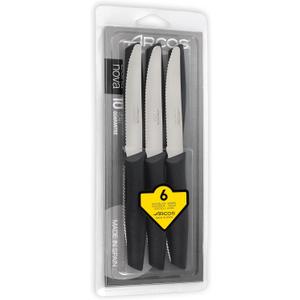 Arcos Serrated Steak Knife Set of 6 Pieces in Stainless Steel. 4 Inch Meat Knives Set with Ergonomic Polypropylene Black Handle. Series Nova