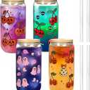 Halloween Cups 4 Pcs, 18 oz Skull Glass Cups with Lids and Straws Ghost Mug Glass Tumbler Mason Jar Iced Coffee Can, Spooky Gifts Boo Basket Stuffers Drinking Glasses Halloween Decorations