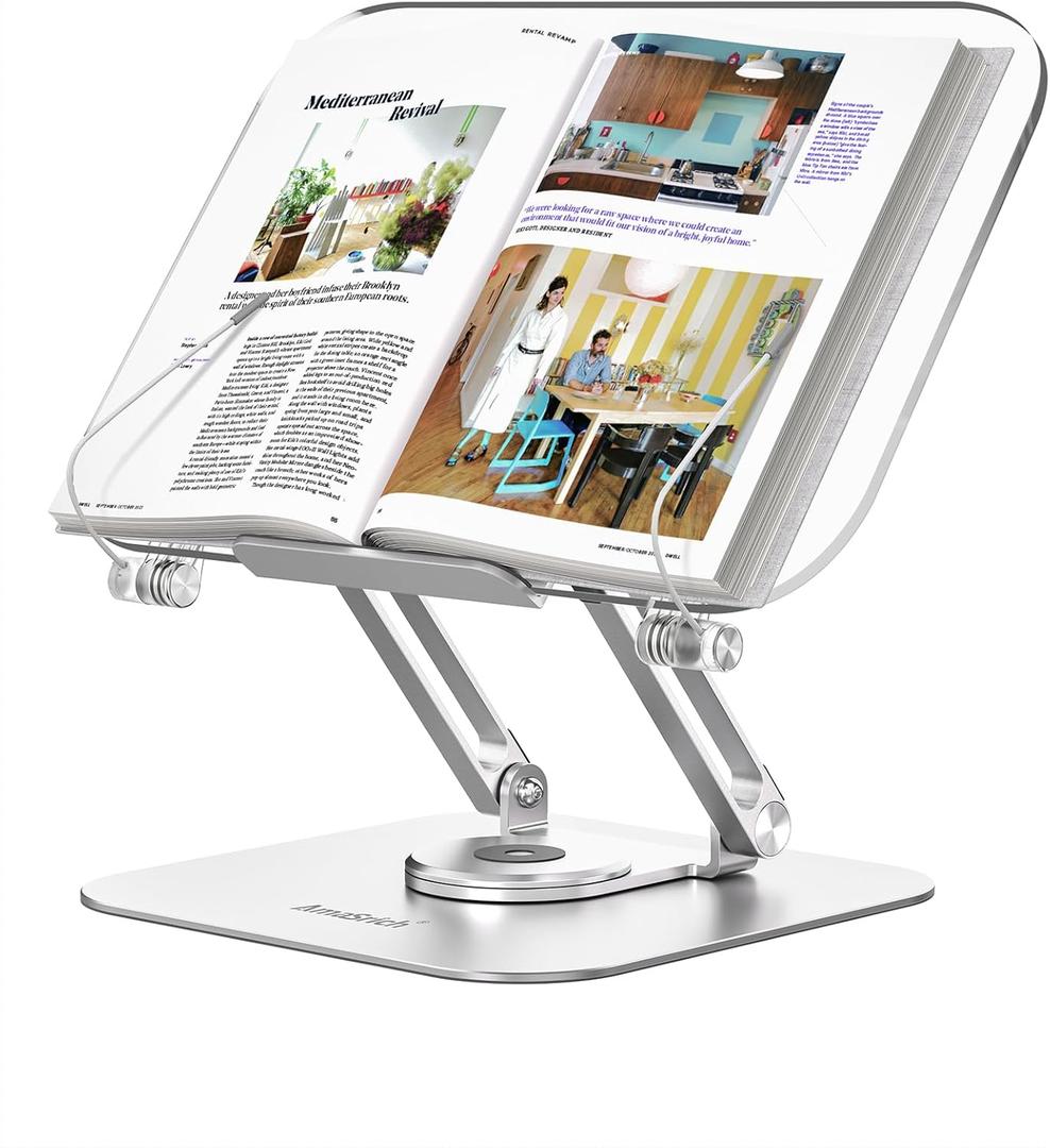 ACIsland Acrylic Book Stand for Reading-Adjustable Holder with 360 Rotating Base & Page Clips- Foldable Desktop Ricer for displaying Cookbook-Sheet Music-Laptop-Recipe-Textbook-Hands Free-Aluminium (Transparent)