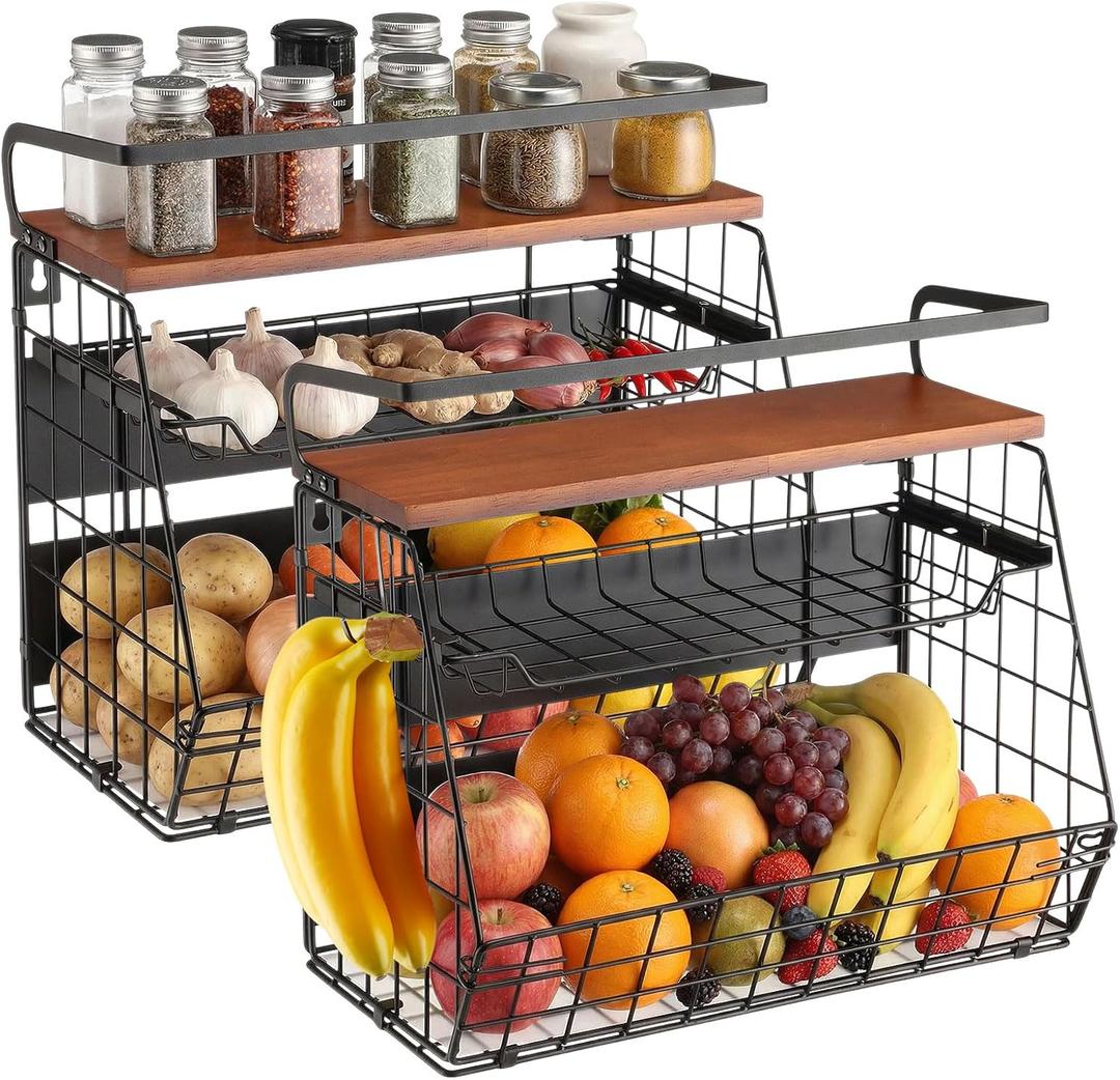 Vicenpal 2 Set Magnetic Shelf for Fridge with Wood Lid 3 Tier Drawer Spice Rack Heavy Duty Fruit Basket Potato and Onion Storage Bins Magnetic Kitchen Organizer for Refrigerator Home Kitchen Cabinet