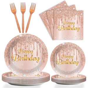 ZOIIWA 96 Pieces Happy Birthday Tableware Set for Pink Rose Gold Table Decorations Supplies Dessert Plates Napkins Forks Women 24 Guests Disposable Party Favors