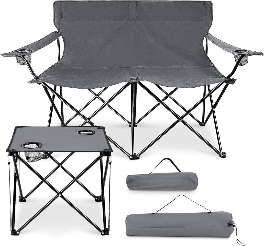 Leonyo Double Camping Chair, Loveseat Camping Chair with Folding Table, 2 Person Outdoor Folding Beach Chairs for Adults, Cup Holders & Carry Bag for Outside Travel, Supports 500lbs, Grey Leonyo Double Camping Chair, Loveseat Camping Chair with Folding Table, 2 Person Outdoor Folding Beach Chairs for Adults, Cup Holders & Carry Bag for Outside Travel, Supports 500lbs, Grey