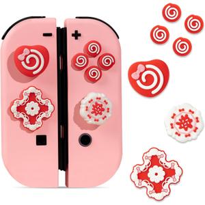 Jusy Cross D-Pad Button Caps Thumb Grips Set, Compatible with Nintendo Switch/OLED/Lite, Cute Star 3D Soft Silicone ABXY Buttons Sticker Joystick Cover Caps, Bow Heart-Red