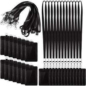 Fulmoon 25 Sets Leather Badge Holders with Lanyards Bulk Graduation Vertical ID Card Holder with Lanyard Detachable Neck Lanyard(Black)