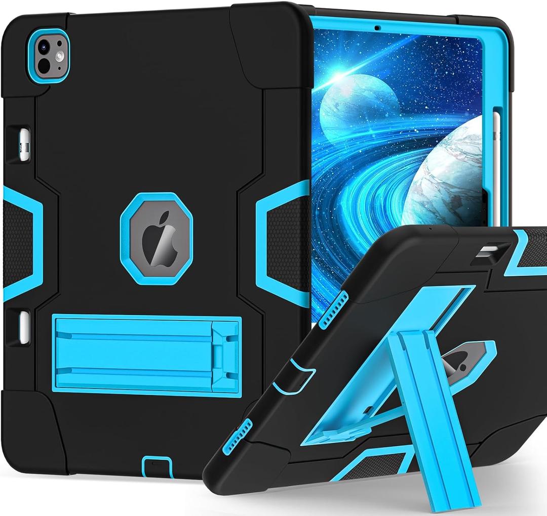 TSQQST Case for iPad Pro 13 Inch M4 2024 with Pencil Holder, iPad Pro 13 Case Shockproof Rugged, Full Body Drop Protective Stand Case for iPad 13 Pro 7th Genneration, Black Blue
