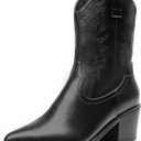DREAM PAIRS Women's Cowboy Boots, Pointed Toe Chunky Heel, Zipper Pull-On Stitched Western Ankle Boots (9, Black)