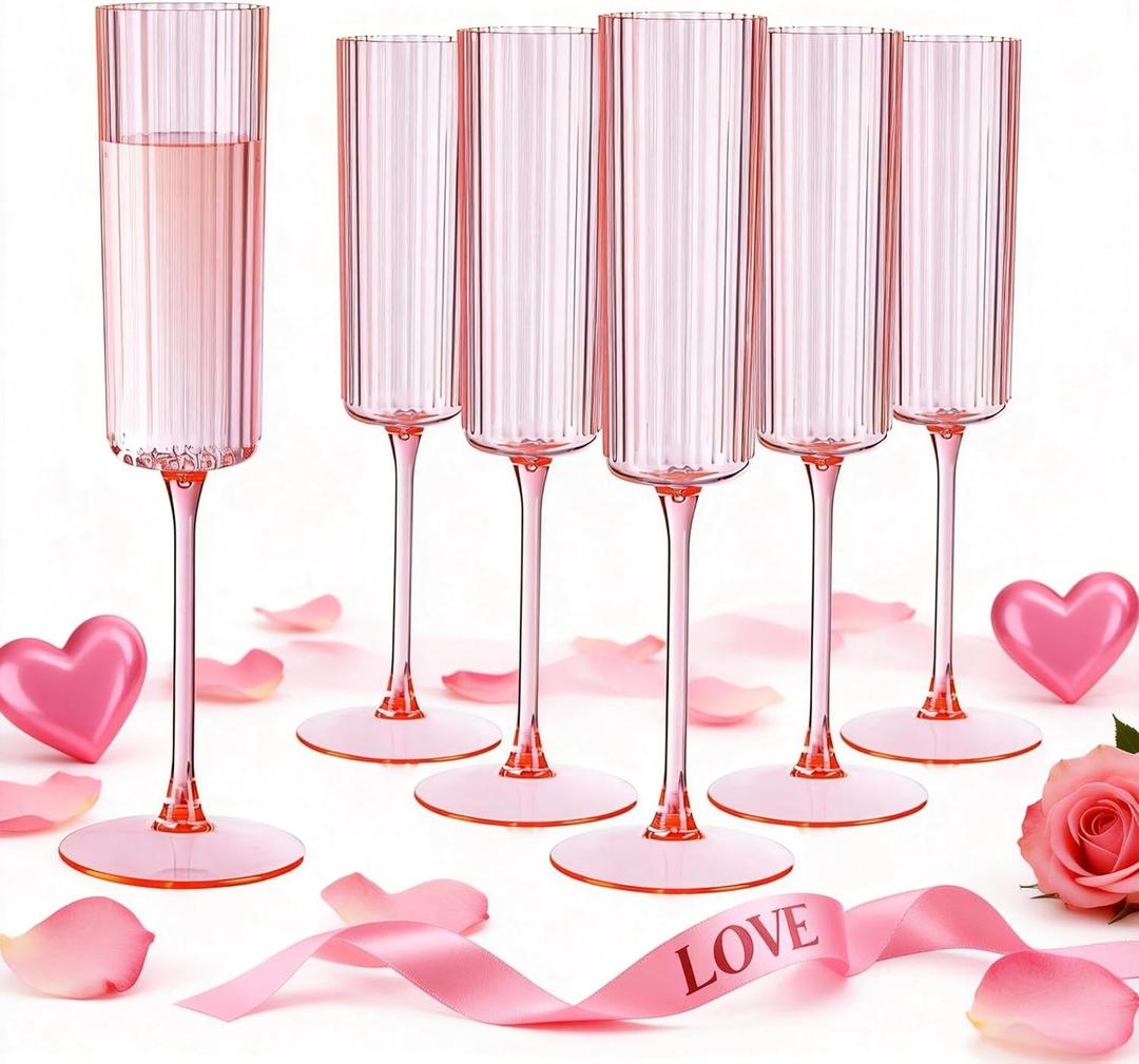 Ciaell 24 Pack Pink Plastic Champagne Flutes - 6oz Ribbed Disposable Champagne Glasses - Pink Vintage Mimosa Glasses with Long Stem, Elegant & Lightweight for Weddings and Party
