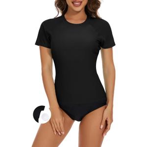 Bonneuitbebe Women's Short Sleeve Rash Guard with Built in Bra Swim Shirt UPF50+ Quick Dry Bathing Suit (X-Large, Black)