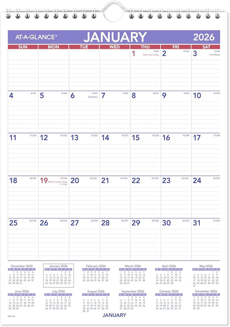 AT-A-GLANCE 2026 Wall Calendar, 8" x 11", Small, Ruled Blocks (PM12826)