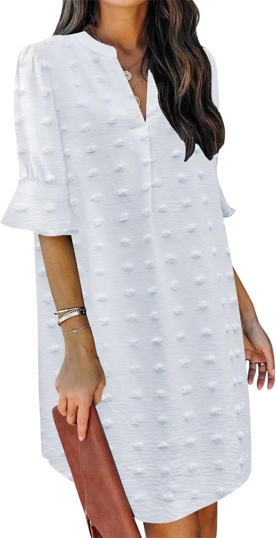 QACOHU Summer Dresses for Women V Neck Ruffle Short Sleeve Casual Shift Dress (Medium, D3-swiss Dot White)