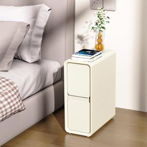 VICITON Modern Narrow Faux Leather Nightstand, Solid Wood Drawer, Storage Accent Table, Small Side End Table for Bedroom (Cream White, Narrow) VICITON Modern Narrow Faux Leather Nightstand, Solid Wood Drawer, Storage Accent Table, Small Side End Table for Bedroom (Cream White, Narrow)