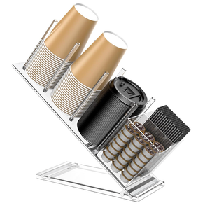 Acrylic Cup and Lid Holder with Straw Organizer, Adjustable Coffee Cup Holder Organizer, 5 Compartment Cup Dispenser for Disposable Paper & Plastic Cups, for Station Home Countertop(Patent in Effect)