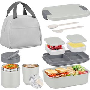 Bento Lunch Box Set with 10.5oz Soup Thermo Food Jar for Adults Kids, Stainless Steel Leak-proof Lunch Container with 4 Compartment, Coffee Tumbler with Lunch Bag for School Travel Office-Grey (Gray)