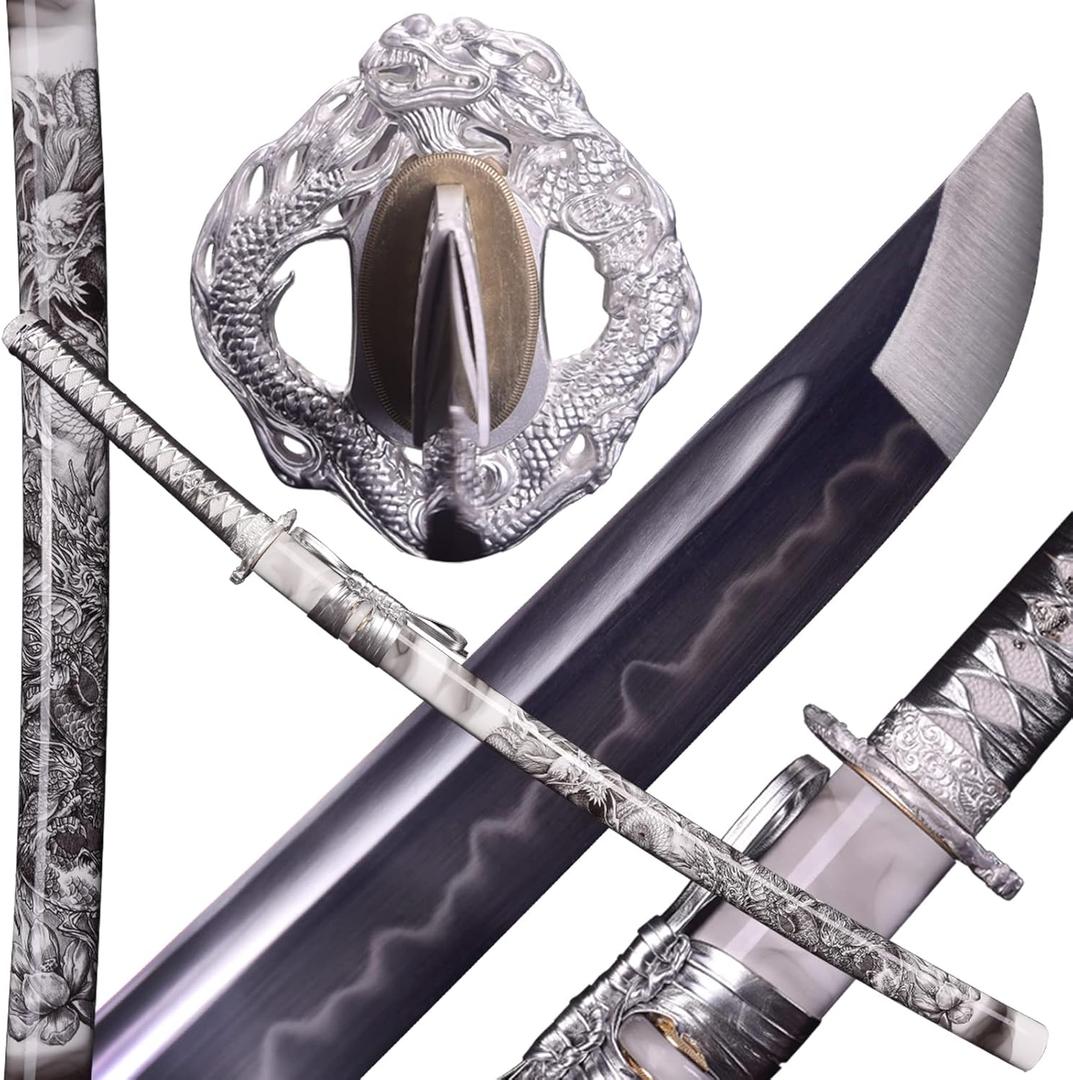 Handmade Katana Sword, Japanese Samurai Sword by T10 Steel Carbon Steel Clay Tempered, Full Tang, 40.5-Inch (Silver Dragon-T10)