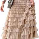 MAKEMECHIC Women's Mesh Maxi Skirt Tulle Ruffle Layered High Waist Flowy Fairy Skirts (Beige)