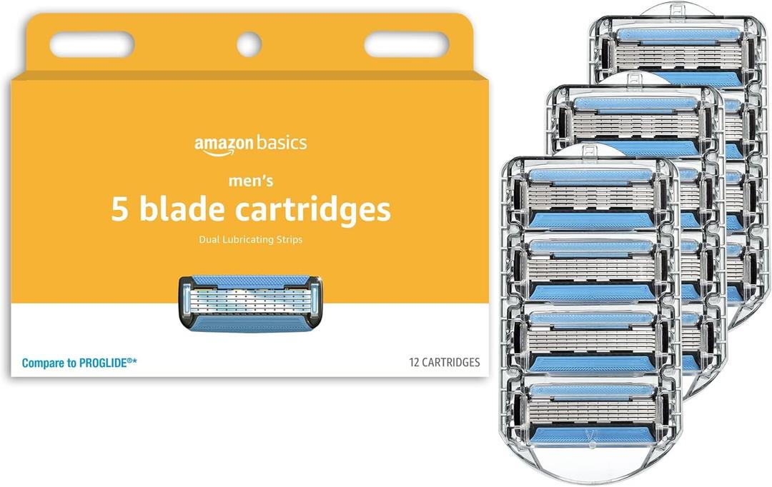 Amazon Basics 5-Blade Razor Refills for Men with Dual Lubrication, Hypoallergenic, Clean Shave, Precision Beard Trimmer, 12-Pack (Fits Amazon Basics Razor Handles only)