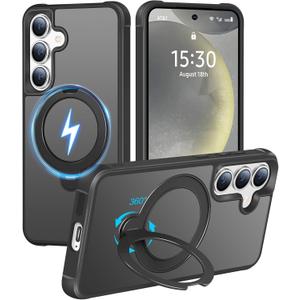 HuwaiH 360 Rotatable Magnetic Ring Stand for Samsung Galaxy S24 Plus/S25 Plus Case, Compatible with MagSafe, Military-Grade Shockproof, Anti-Scratch Matte Translucent Phone Case(Black)