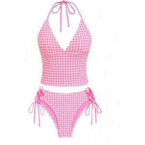 Jacquard Floral & Leopard Tankinis - Tankini Swimsuits for Women with Plunging Neck & Gingham Trim (Large, Light Pink)