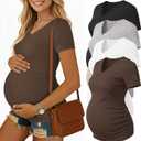 Ekouaer 4 Pack Maternity Shirts V Neck Maternity Top Short Sleeve Casual Tee Side Ruched Pregnancy Clothes L