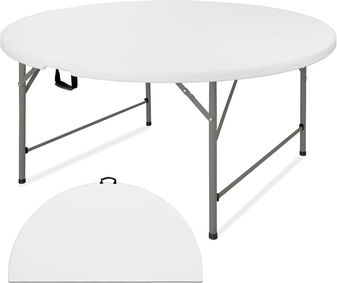 5 FT Round Folding Tables with Carrying Handle 60 inch Heavy Duty Portable Plastic Commercial Table Steel Legs for Party, Dining, Wedding, Events, Picnic Indoor, Outdoor (White, Pack of 1)
