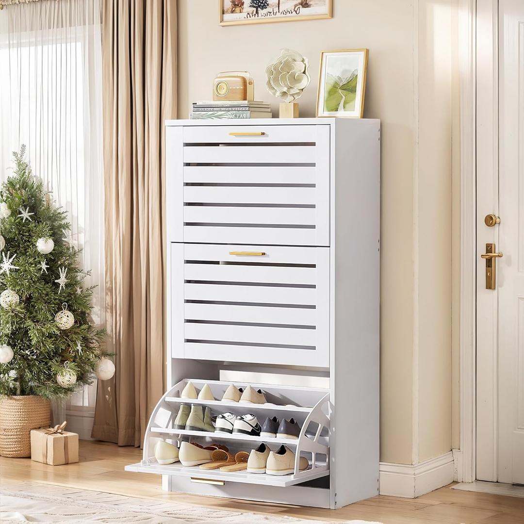VECELO Shoe Cabinet Storage for Entryway with 3 Flip Drawers Slim Hidden Free Standing Organizer for Narrow Hallway, Bedroom, Living Room, Large Capacity, Modern, White, 3-Shelf