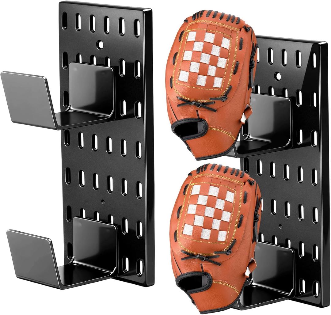 2 Pack Baseball Glove Wall Mount Holder with Pegboard Baseball Glove Stand No-drill Keeps Gloves Space Saving Sports Decor Display Rack Players Gift (Black)