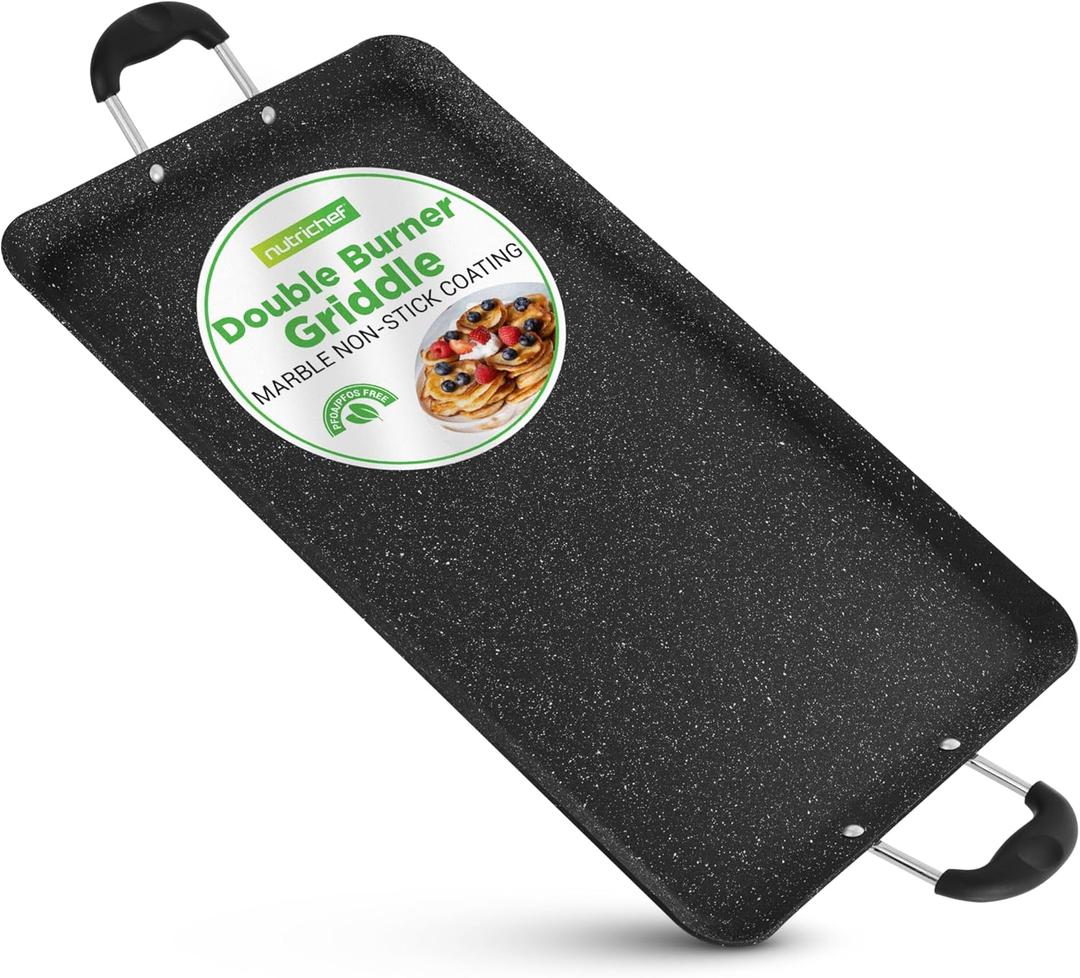 Nutrichef Double Burner Griddle, Non-Stick Stove Top Griddle for Gas Stove, Dishwasher Safe, Heatproof Bakelite Handles, Even Heat Distribution, PFOA & PFOS Free, 20 x 12 x 0.8 Inch (Black)